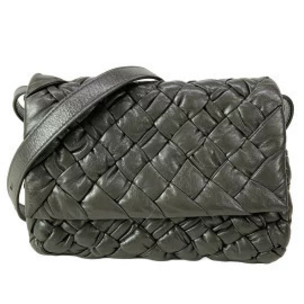 BOTTEGA VENETA Intrecciato Rumple Shoulder Bag Dark Gray Leather